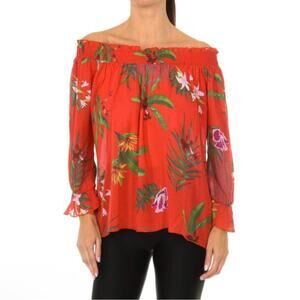 Desigual Floral Off The Shoulder Top Peasant Style Bell Sleeve Smocked Small